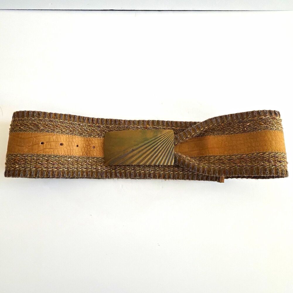 VTG Wide Brown Woven Fabric Belt-Tan Leather Strip in the Middle- Brass Buckle